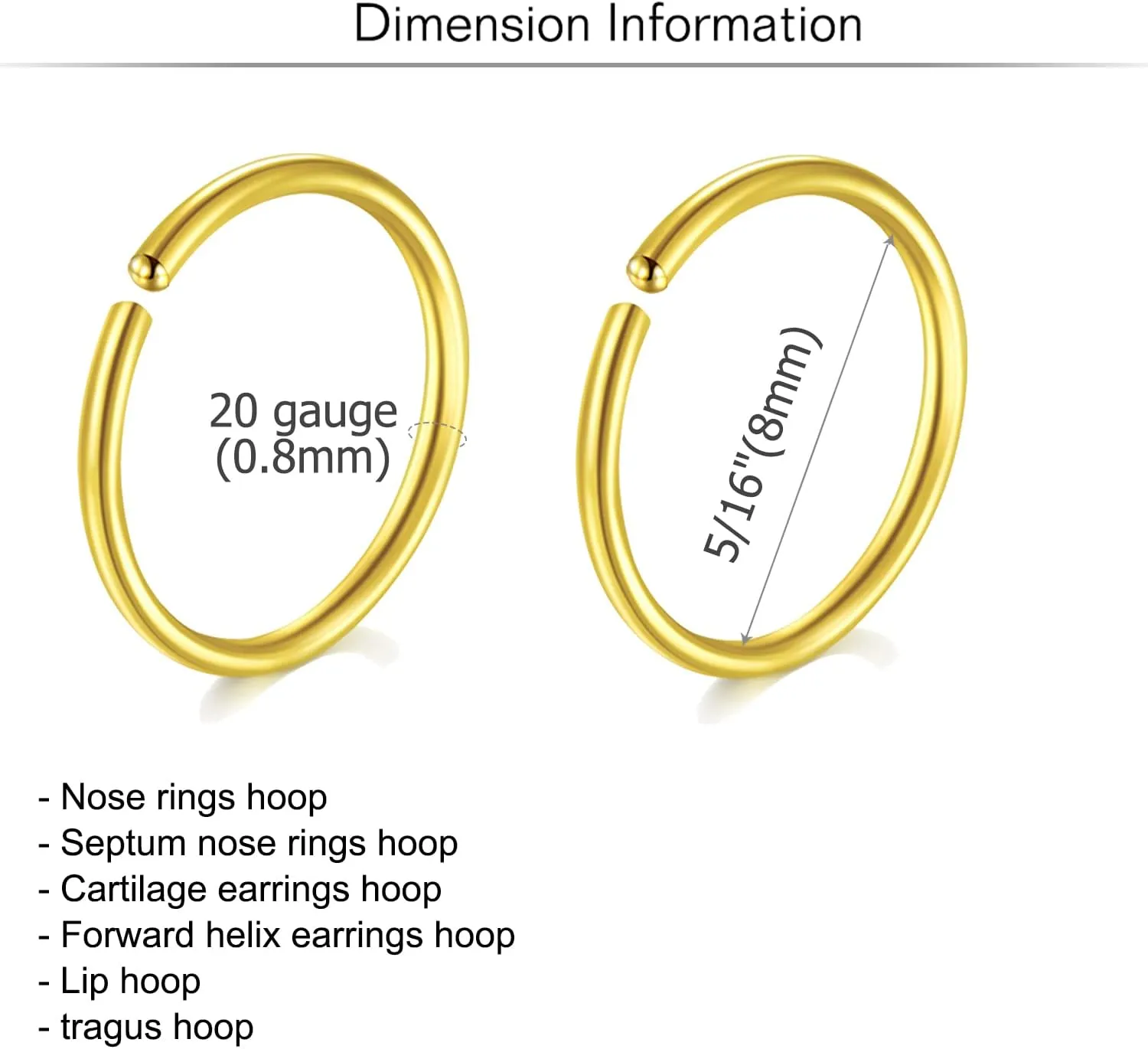 MODRSA Nose Rings - Hoops & Hoop Earrings for Cartilage & Tragus - 22g, 20g, 18g