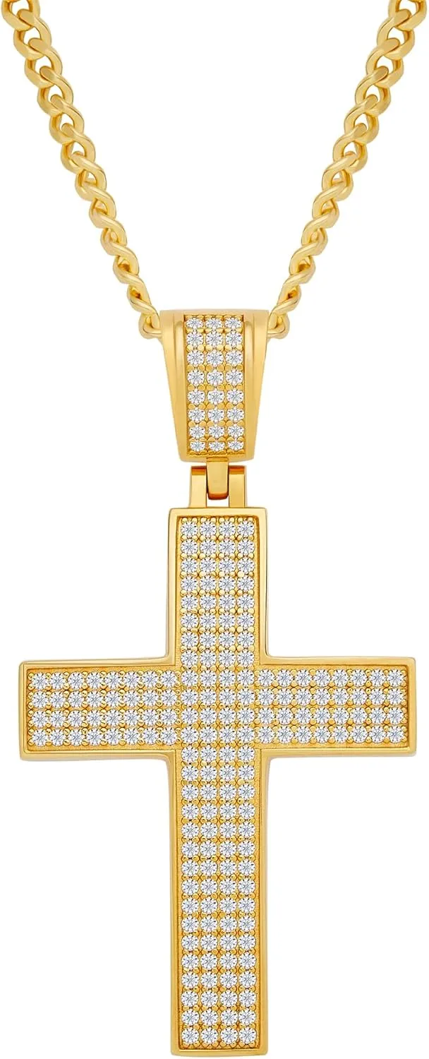 Moissanite Cross Necklace for Men,18K White Gold Over 925 Sterling Silver Hip Hop Pendant Necklace For Boyfriend, Brilliant Lab Grown Diamond Rope Chain