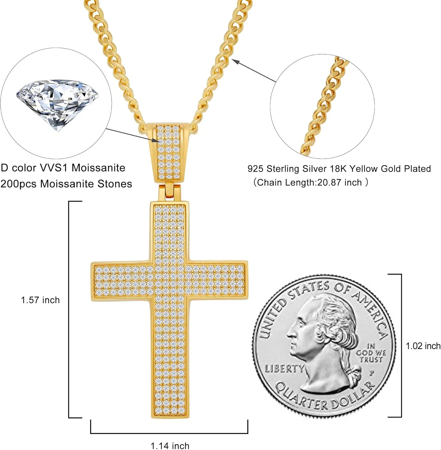 Moissanite Cross Necklace for Men,18K White Gold Over 925 Sterling Silver Hip Hop Pendant Necklace For Boyfriend, Brilliant Lab Grown Diamond Rope Chain