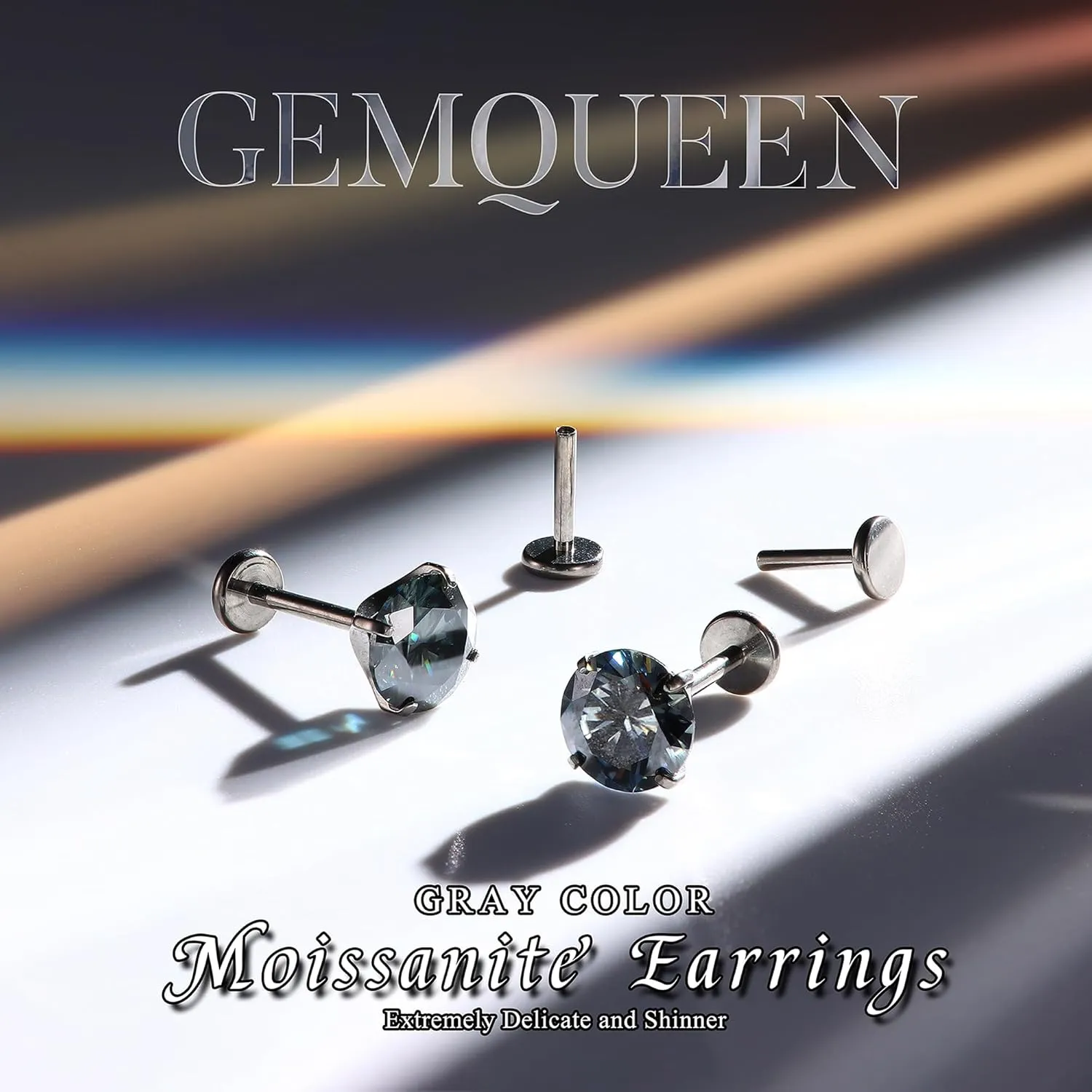 Moissanite Earrings G23 Titanium Extended Internal Thread Flat Back Earrings Hypoallergenic Tragus Cartilage Helix Conch Piercing Jewelry for Women Men 18G 6/8mm Post Gray/D Color VVS1 1-3CT