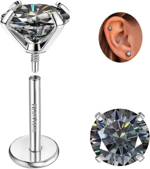 Moissanite Earrings G23 Titanium Extended Internal Thread Flat Back Earrings Hypoallergenic Tragus Cartilage Helix Conch Piercing Jewelry for Women Men 18G 6/8mm Post Gray/D Color VVS1 1-3CT