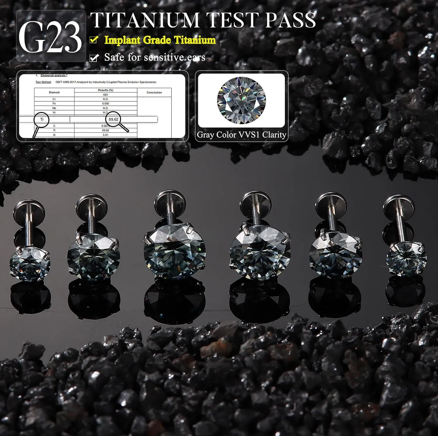 Moissanite Earrings G23 Titanium Extended Internal Thread Flat Back Earrings Hypoallergenic Tragus Cartilage Helix Conch Piercing Jewelry for Women Men 18G 6/8mm Post Gray/D Color VVS1 1-3CT
