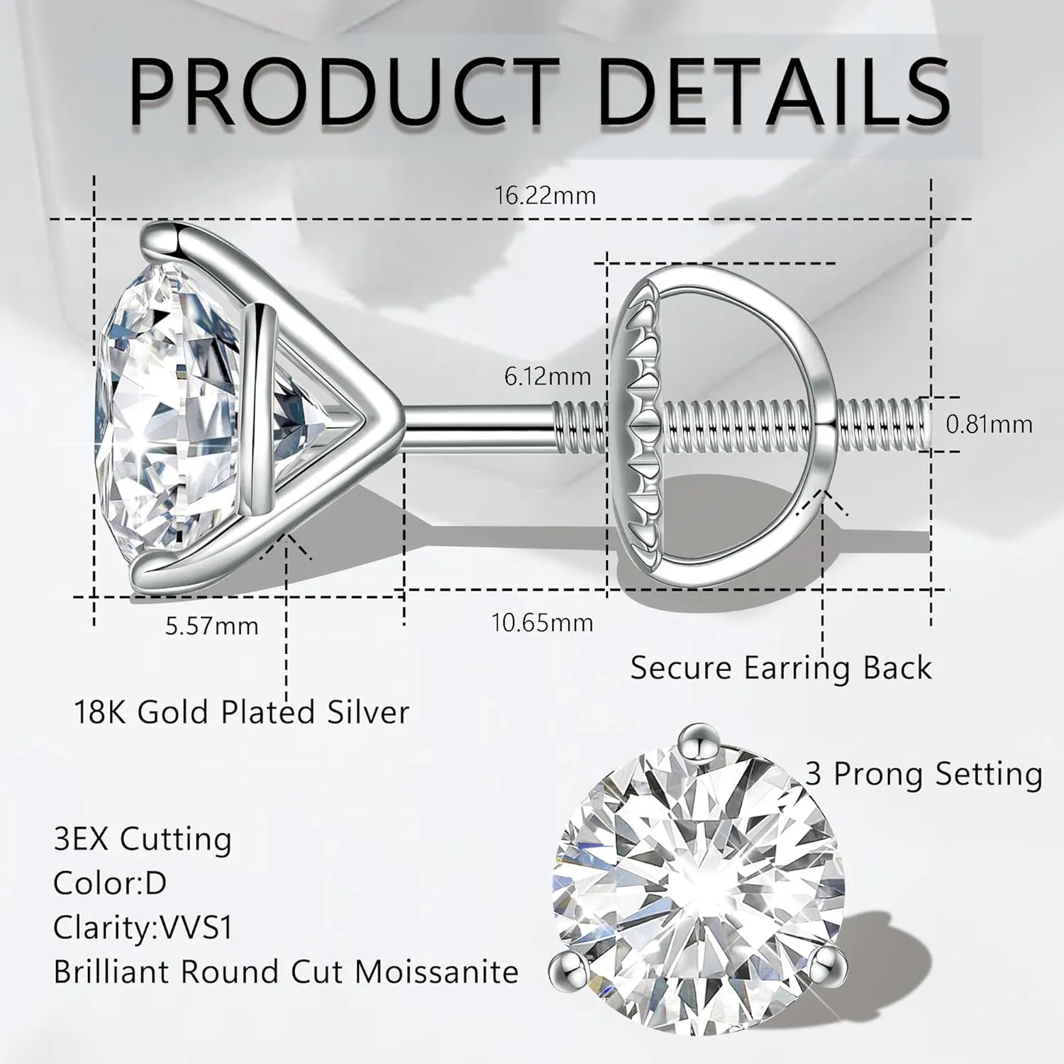 Moissanite Earrings, Screw Back Earrings for Women S925 Sterling Silver Hypoallergenic Earrings 18k Yellow Gold Plated Lab Created Moissanite Earrings D Color Brilliant Round Cut 0.3-3ct