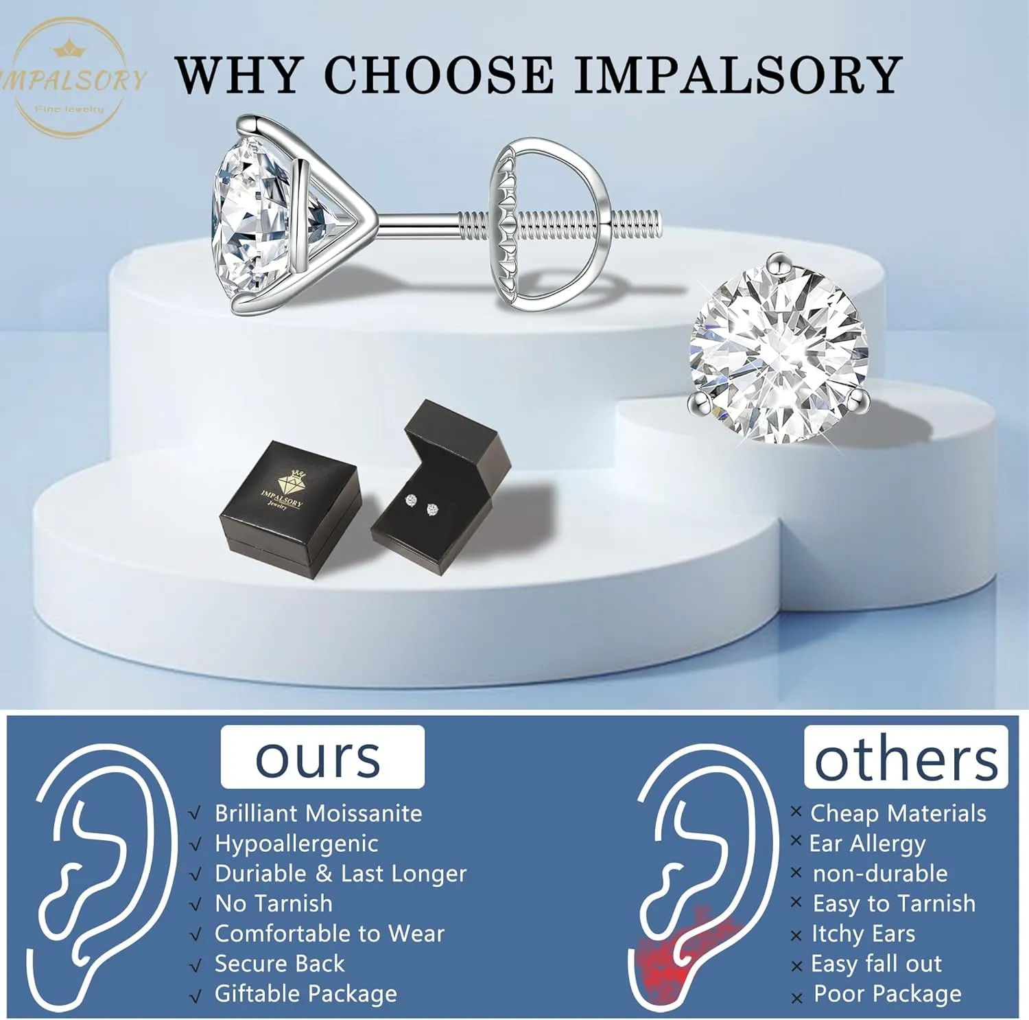 Moissanite Earrings, Screw Back Earrings for Women S925 Sterling Silver Hypoallergenic Earrings 18k Yellow Gold Plated Lab Created Moissanite Earrings D Color Brilliant Round Cut 0.3-3ct