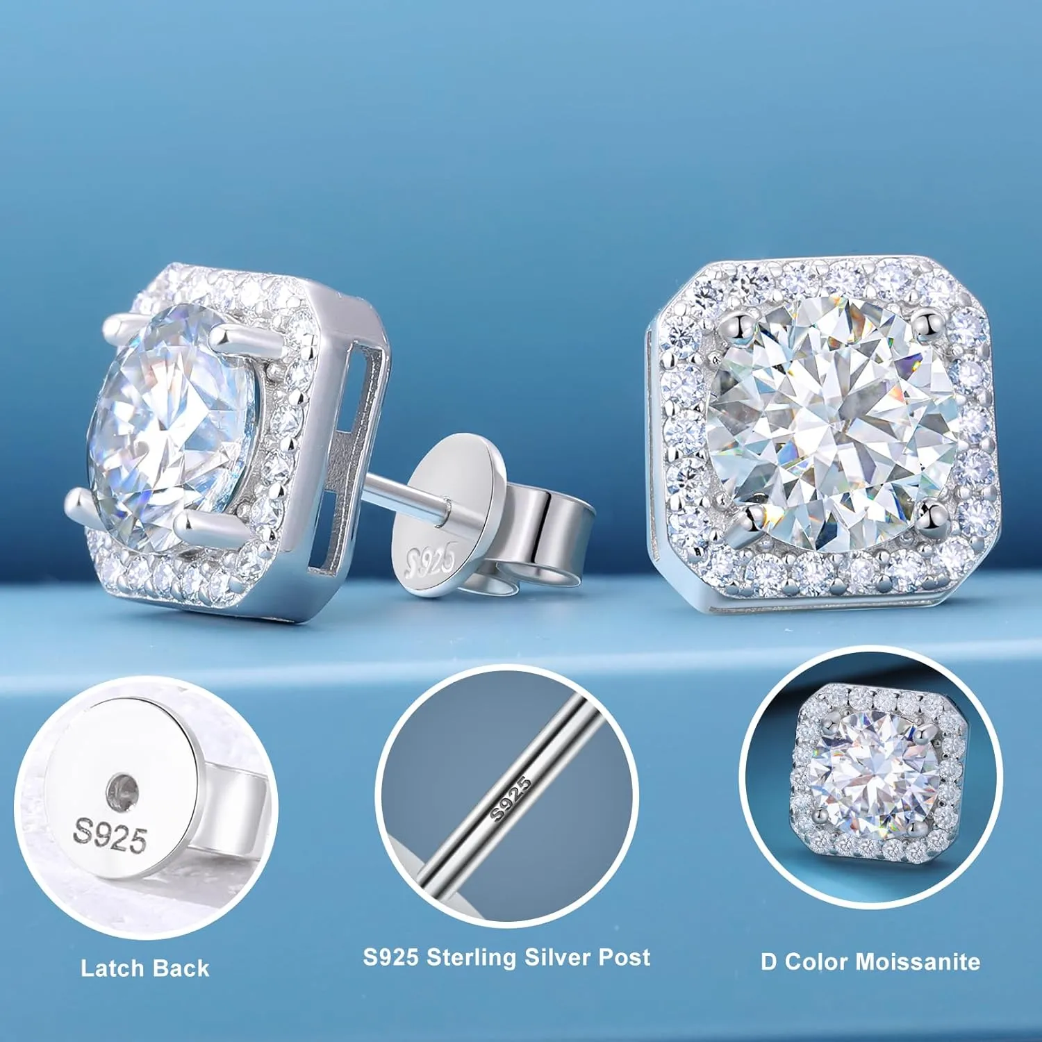 Moissanite Halo Earrings Square 18k Gold Plated 0.56-2.4CT 6-10mm D Color VVS1 Clarity Moissanite Stud Earrings For Women Men Square Stud Earrings 925 Sterling Silver Hypoallergenic Earrings
