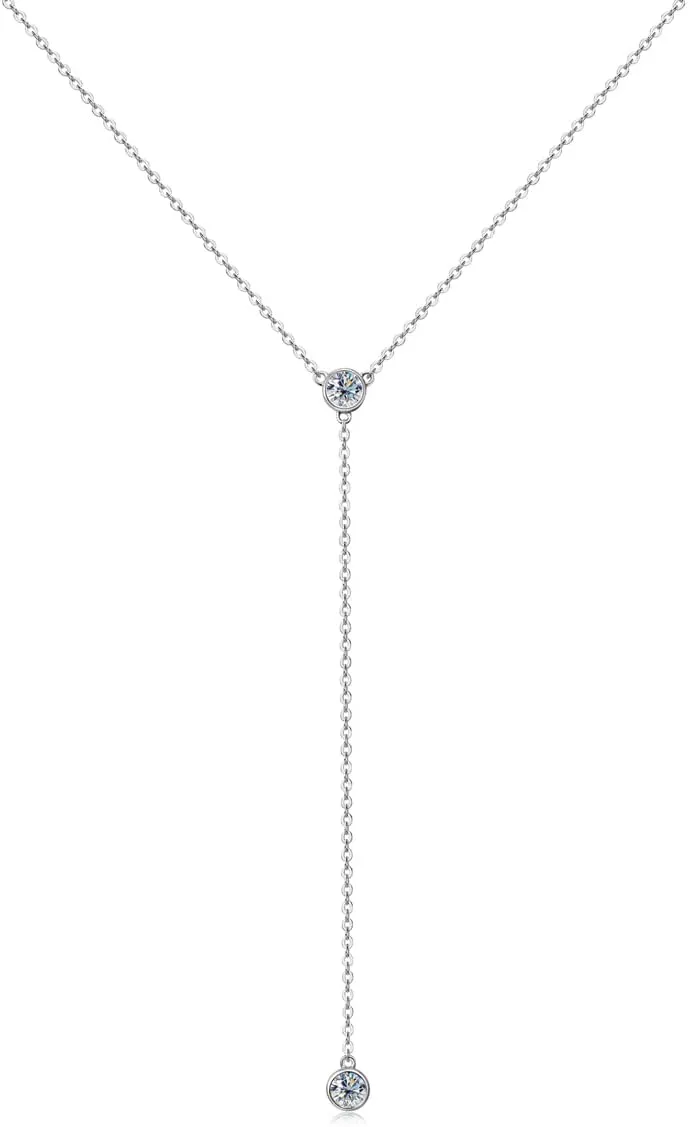 Moissanite Necklace for Women Sterling Silver, Lab Imitation Diamond Lariat Drop Y necklace, Dainty Simple Long Prom Bridal Wedding Hypoallergenic Neckalces, 16 to 20 Inch