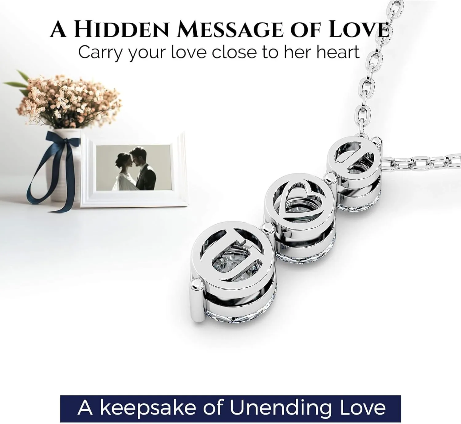 Moissanite Necklace for Women Three-Stone Pendant I Love You Sterling Silver Lab Created Gem Jewelry for Her Gift for Wedding Anniversary Birthday to My Wife Daughter Girlfriend Mom