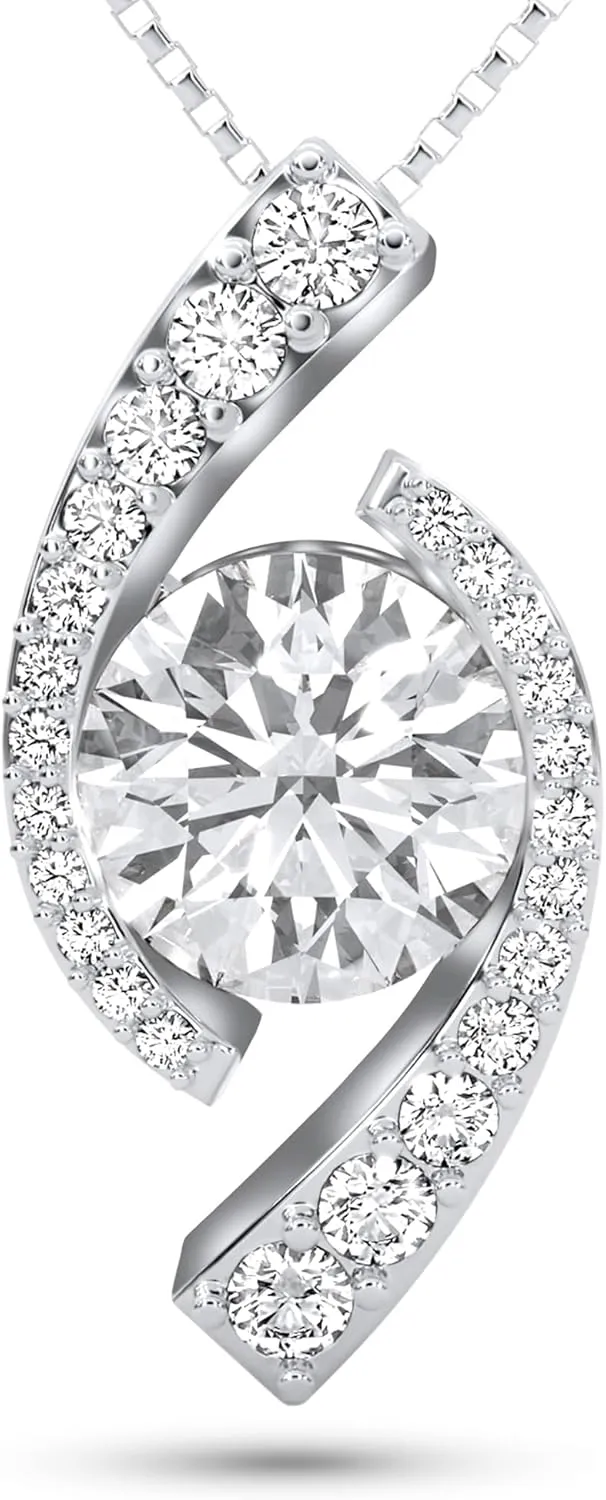 Moissanite Necklace Gift for Her Anniversary Present for Wife Girlfriend Mom Platinum Plated Sterling Silver 12 Carat, D, (VSS1) Moissanite Necklace Gift for Women Mothers Day Valentines Day Christmas Day