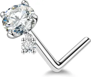 Moissanite Nose Dangle Ring Studs for Women - 20G 925 Sterling Silver 0.3ct L Shape Moissanite Diamond Nose Ring Piercing Jewelry 4MM 2MM