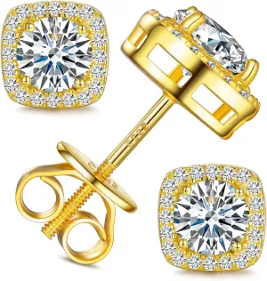 Moissanite Square Halo Stud Earrings Screw Back 0.2-8ct 3-10mm 18K White/Yellow Gold Plated 925 Sterling Silver Moissanite Earrings for Women Men