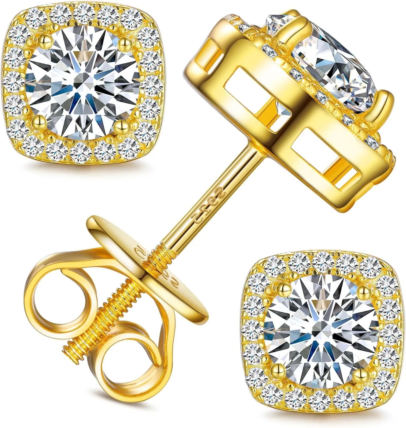 Moissanite Square Halo Stud Earrings Screw Back 0.2-8ct 3-10mm 18K White/Yellow Gold Plated 925 Sterling Silver Moissanite Earrings for Women Men