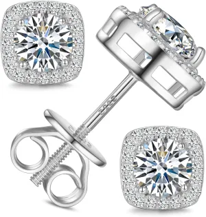 Moissanite Square Halo Stud Earrings Screw Back 0.2-8ct 3-10mm 18K White/Yellow Gold Plated 925 Sterling Silver Moissanite Earrings for Women Men