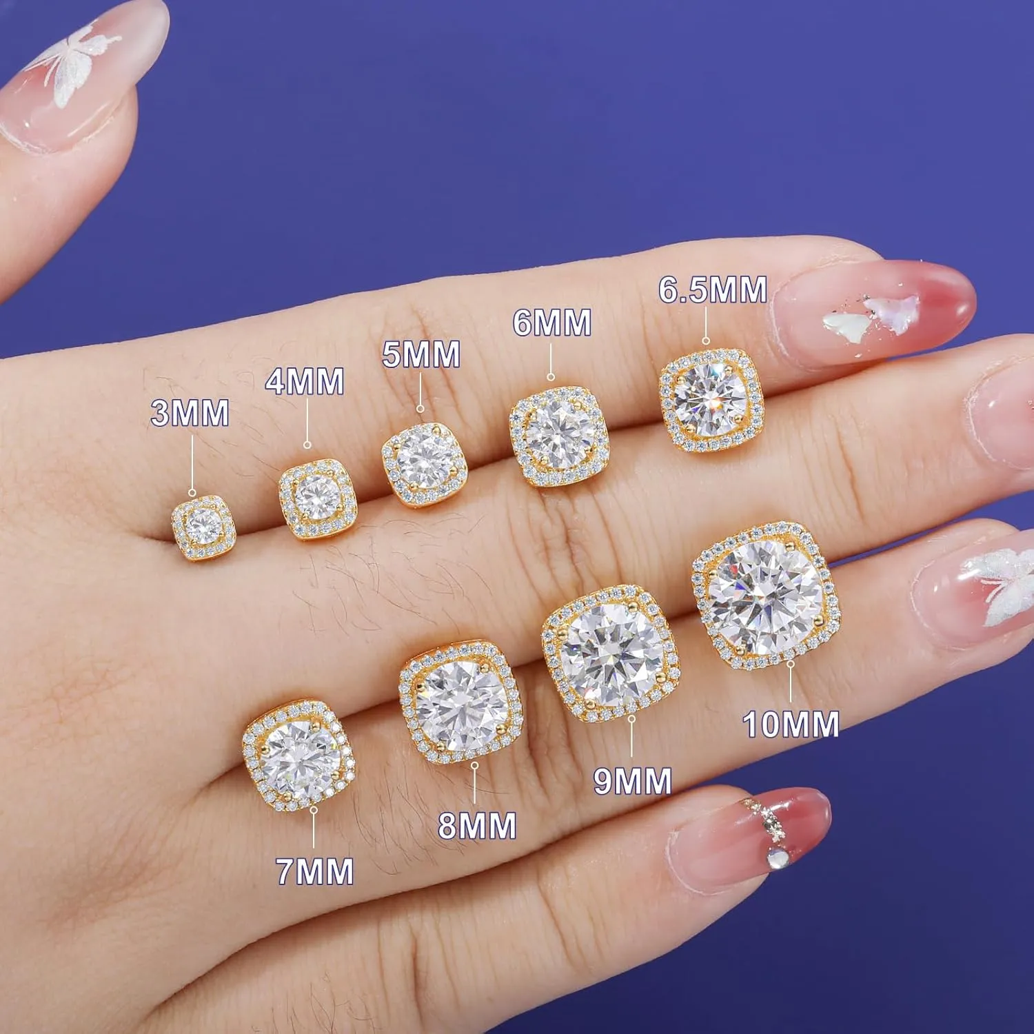 Moissanite Square Halo Stud Earrings Screw Back 0.2-8ct 3-10mm 18K White/Yellow Gold Plated 925 Sterling Silver Moissanite Earrings for Women Men