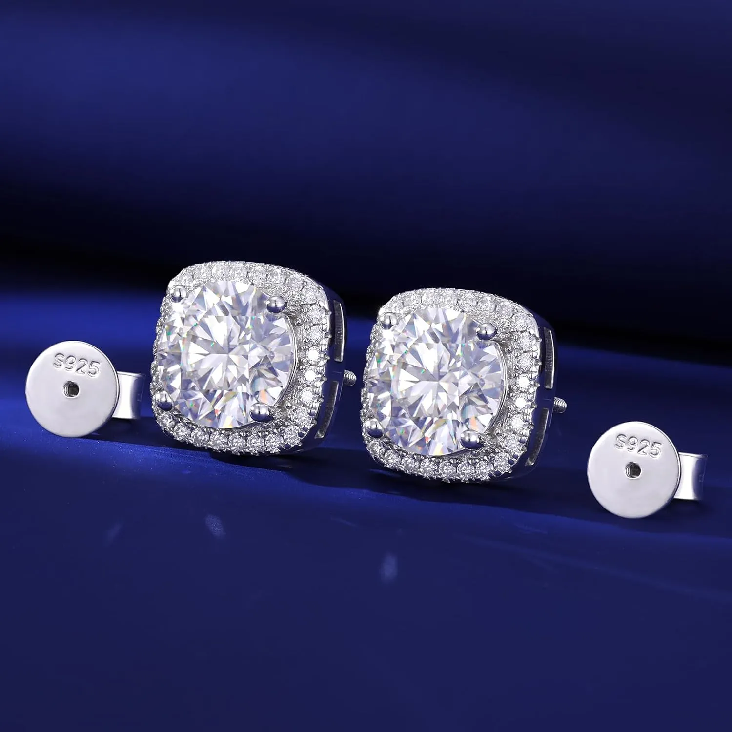 Moissanite Square Halo Stud Earrings Screw Back 0.2-8ct 3-10mm 18K White/Yellow Gold Plated 925 Sterling Silver Moissanite Earrings for Women Men