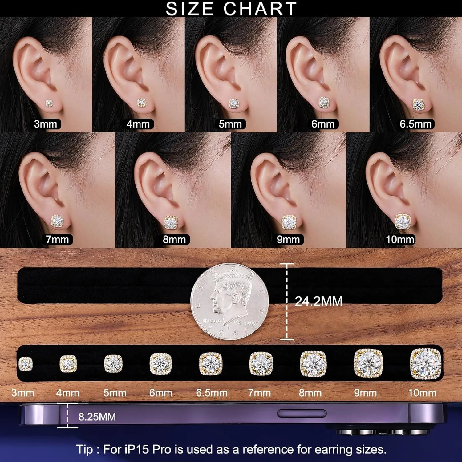 Moissanite Square Halo Stud Earrings Screw Back 0.2-8ct 3-10mm 18K White/Yellow Gold Plated 925 Sterling Silver Moissanite Earrings for Women Men