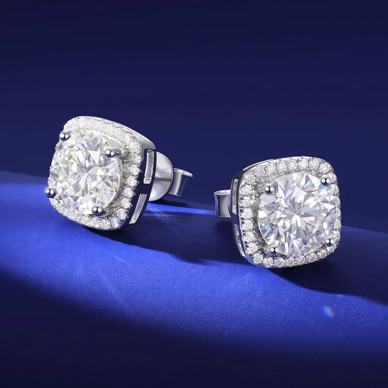 Moissanite Square Halo Stud Earrings Screw Back 0.2-8ct 3-10mm 18K White/Yellow Gold Plated 925 Sterling Silver Moissanite Earrings for Women Men