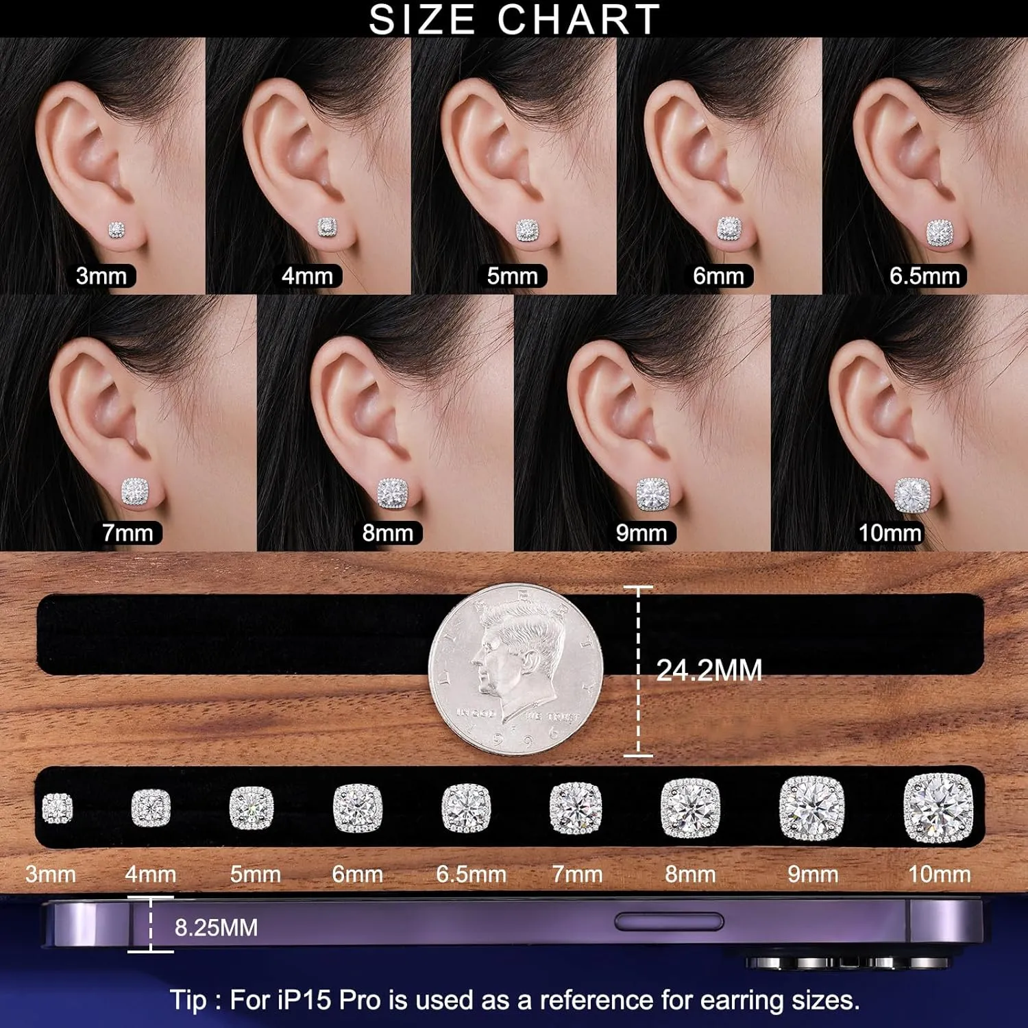 Moissanite Square Halo Stud Earrings Screw Back 0.2-8ct 3-10mm 18K White/Yellow Gold Plated 925 Sterling Silver Moissanite Earrings for Women Men