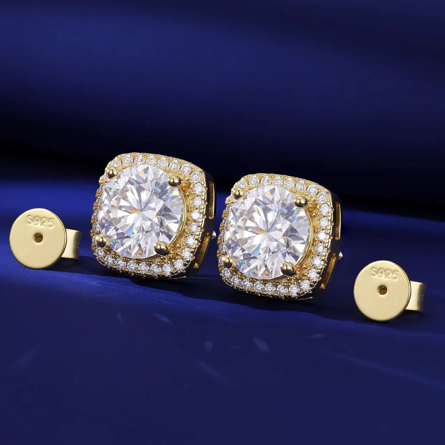 Moissanite Square Halo Stud Earrings Screw Back 0.2-8ct 3-10mm 18K White/Yellow Gold Plated 925 Sterling Silver Moissanite Earrings for Women Men