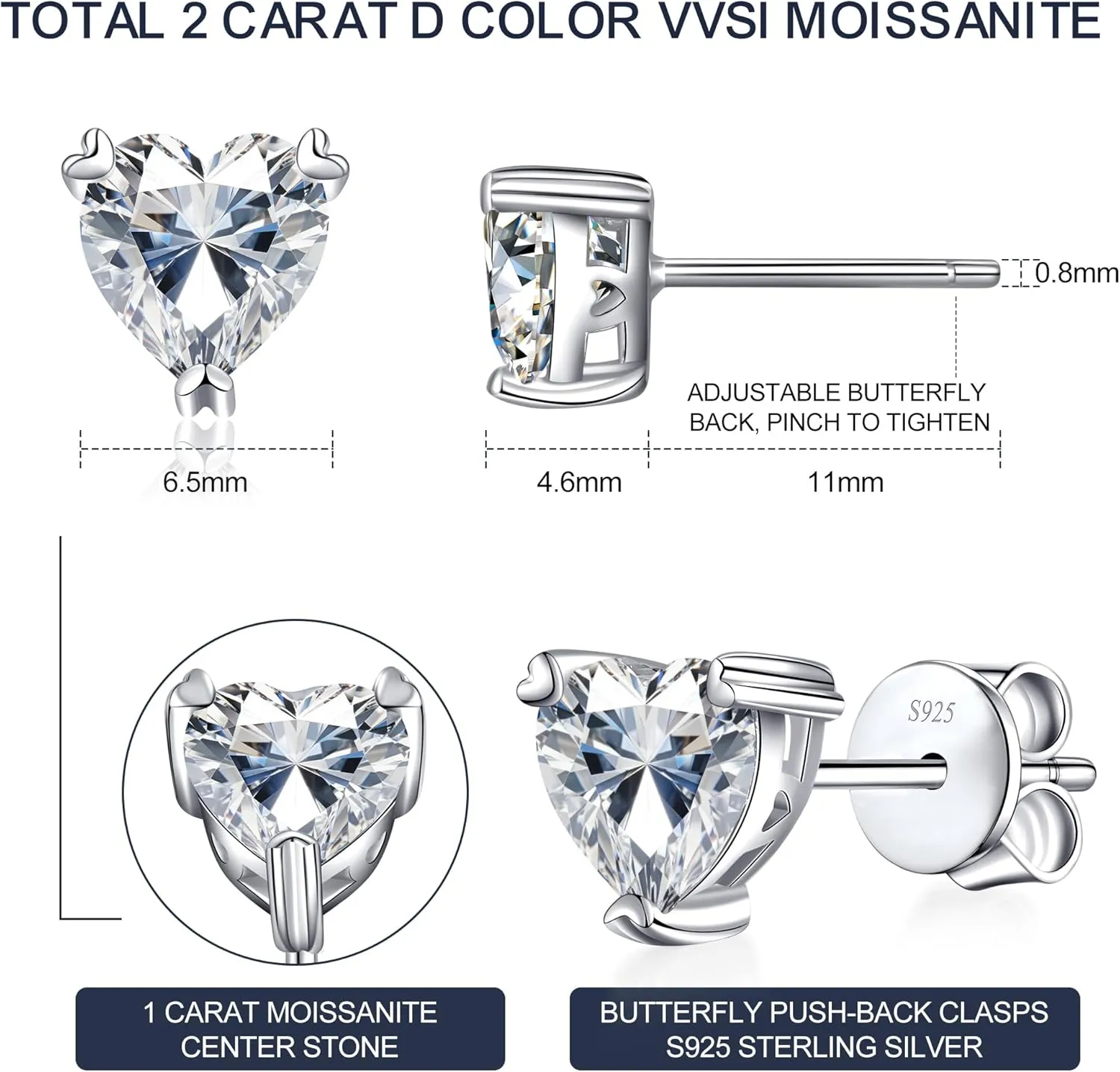 Moissanite Stud Earrings, 0.5-3CT Lab Created Moissanite Earrings Studs 18K White Gold Plated 925 Sterling Silver Earring Jewelry Gifts for Women Men