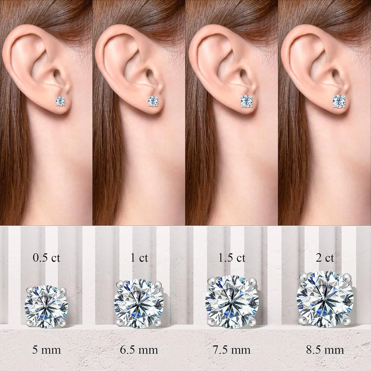 Moissanite Stud Earrings for Women, 0.5ct-2ct D Color Round Cut Lab Created Diamond Earring 18K White Yellow Rose Gold Plated 925 Sterling Silver Moissanite Earrings for Women