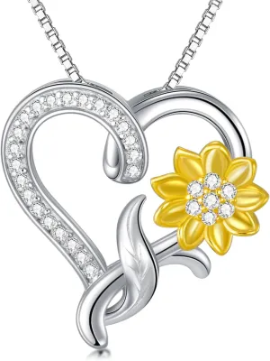 Moissanite Sunflower Heart Necklace for Women, You Are My Sunshine Pendant 925 Sterling Silver 18k Gold Plated Love Heart Jewelry Gift for Her,Wife, Mom, Sister 18" 2"