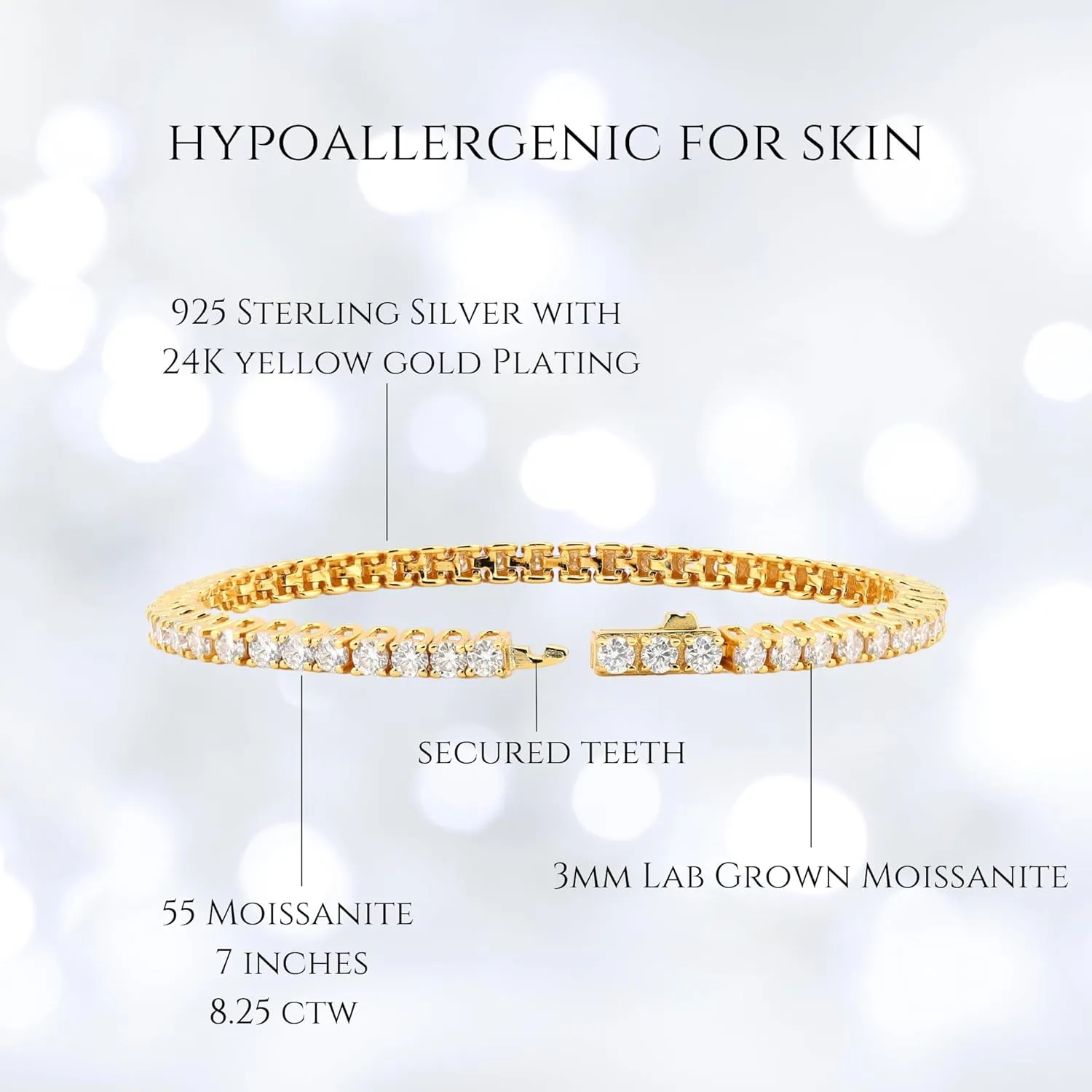 Moissanite Tennis Bracelet for Women | 3mm ~ 4mm D Color VVS1 | 8.2510.25 CTW | 7" Vermeil 24K Yellow Gold or Rhodium Plated Sterling Silver | Classic Scoop Link Design | Gift Ready by Adora Fine Jewelry