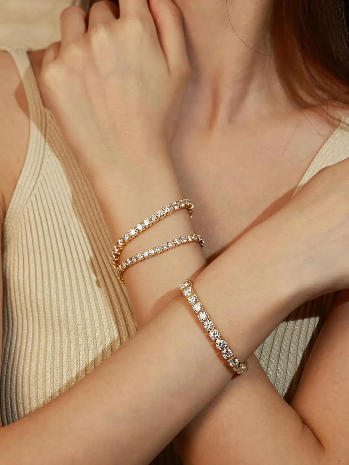 Moissanite Tennis Bracelet Yellow Gold Plated Fine Jewelry D Color VVS1 Round Brilliant Lab-Grown Moissanite Wedding bridal prom Birthday Valentines Gift for Women Girls, Width 3/4/5 mm