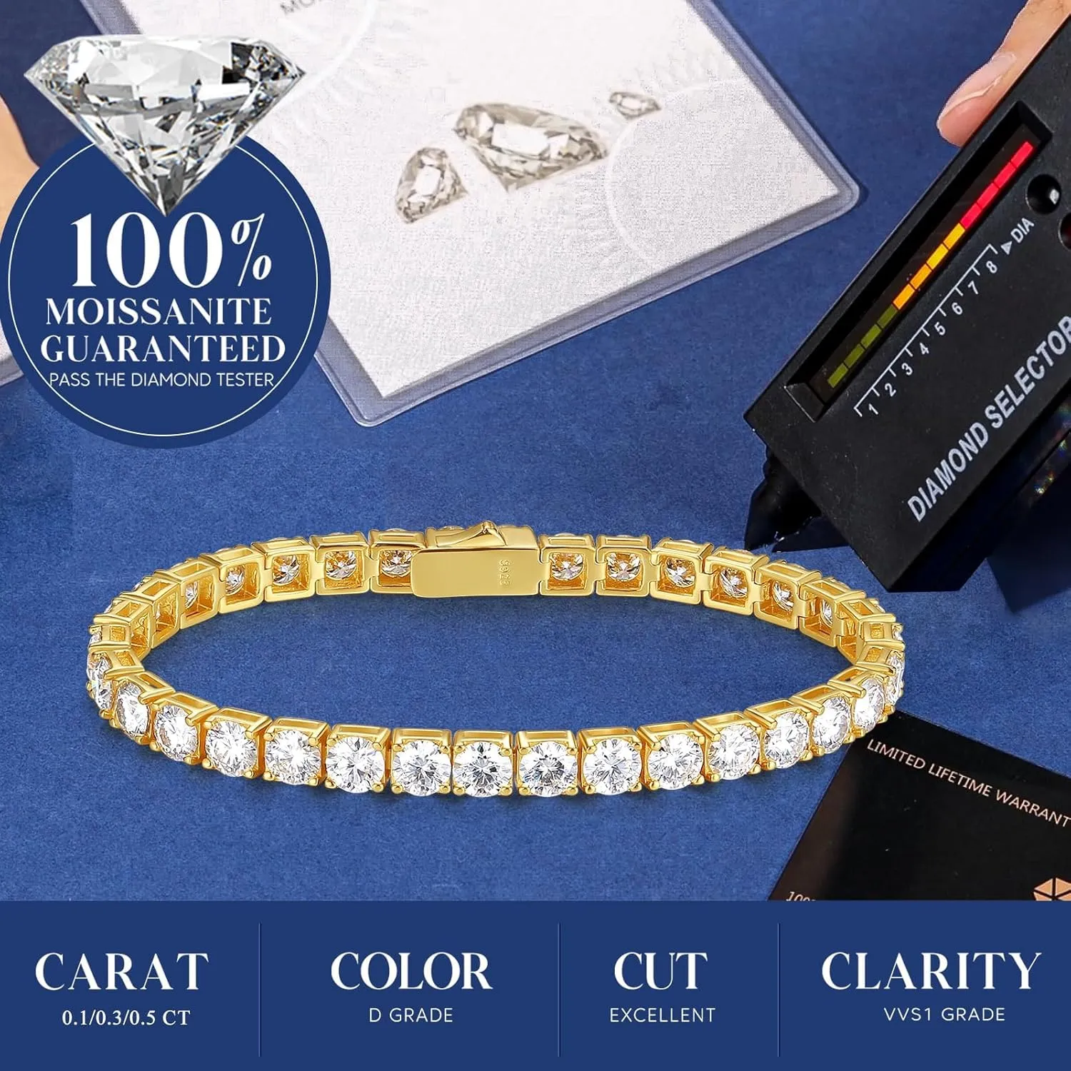 Moissanite Tennis Bracelet Yellow Gold Plated Fine Jewelry D Color VVS1 Round Brilliant Lab-Grown Moissanite Wedding bridal prom Birthday Valentines Gift for Women Girls, Width 3/4/5 mm