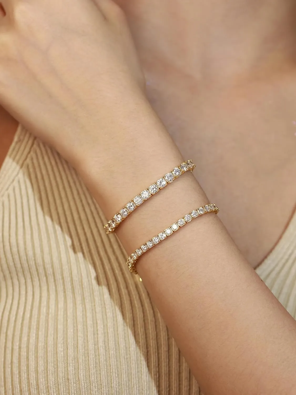 Moissanite Tennis Bracelet Yellow Gold Plated Fine Jewelry D Color VVS1 Round Brilliant Lab-Grown Moissanite Wedding bridal prom Birthday Valentines Gift for Women Girls, Width 3/4/5 mm