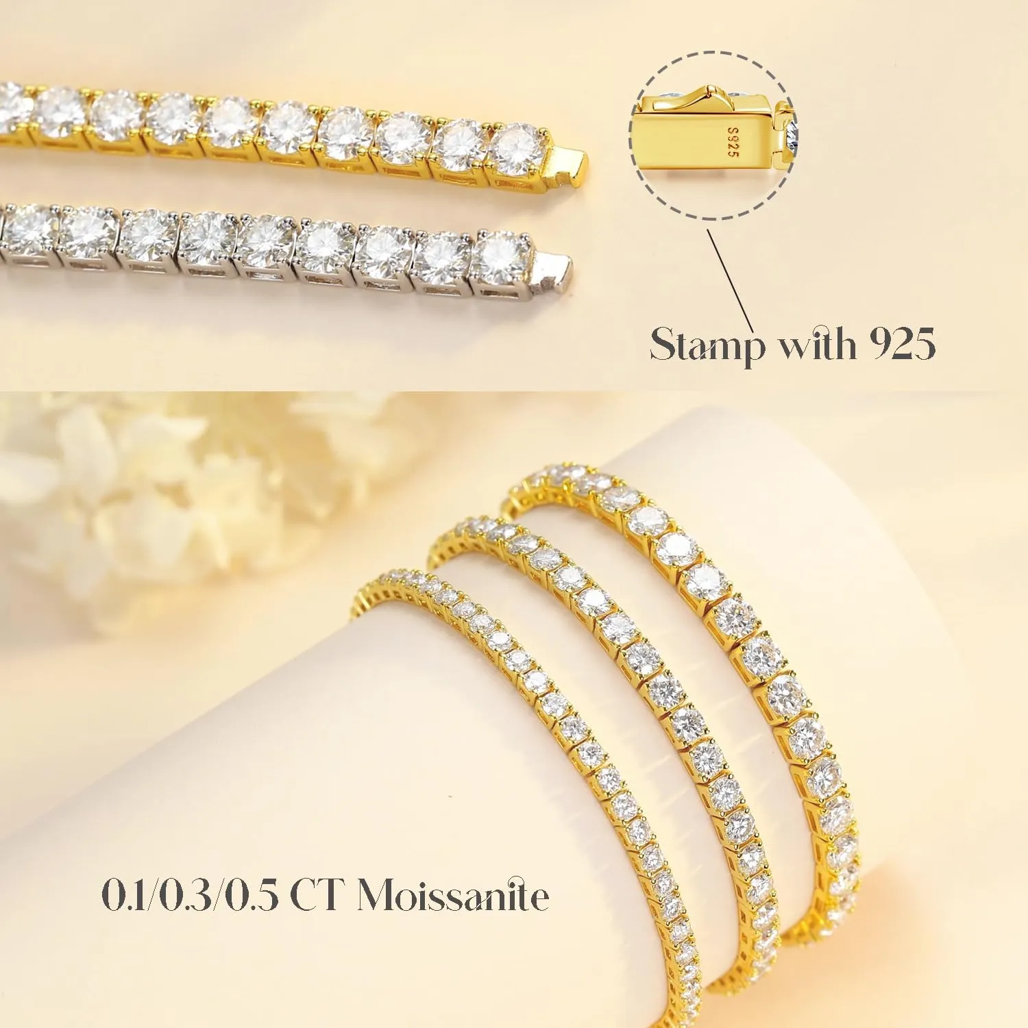 Moissanite Tennis Bracelet Yellow Gold Plated Fine Jewelry D Color VVS1 Round Brilliant Lab-Grown Moissanite Wedding bridal prom Birthday Valentines Gift for Women Girls, Width 3/4/5 mm