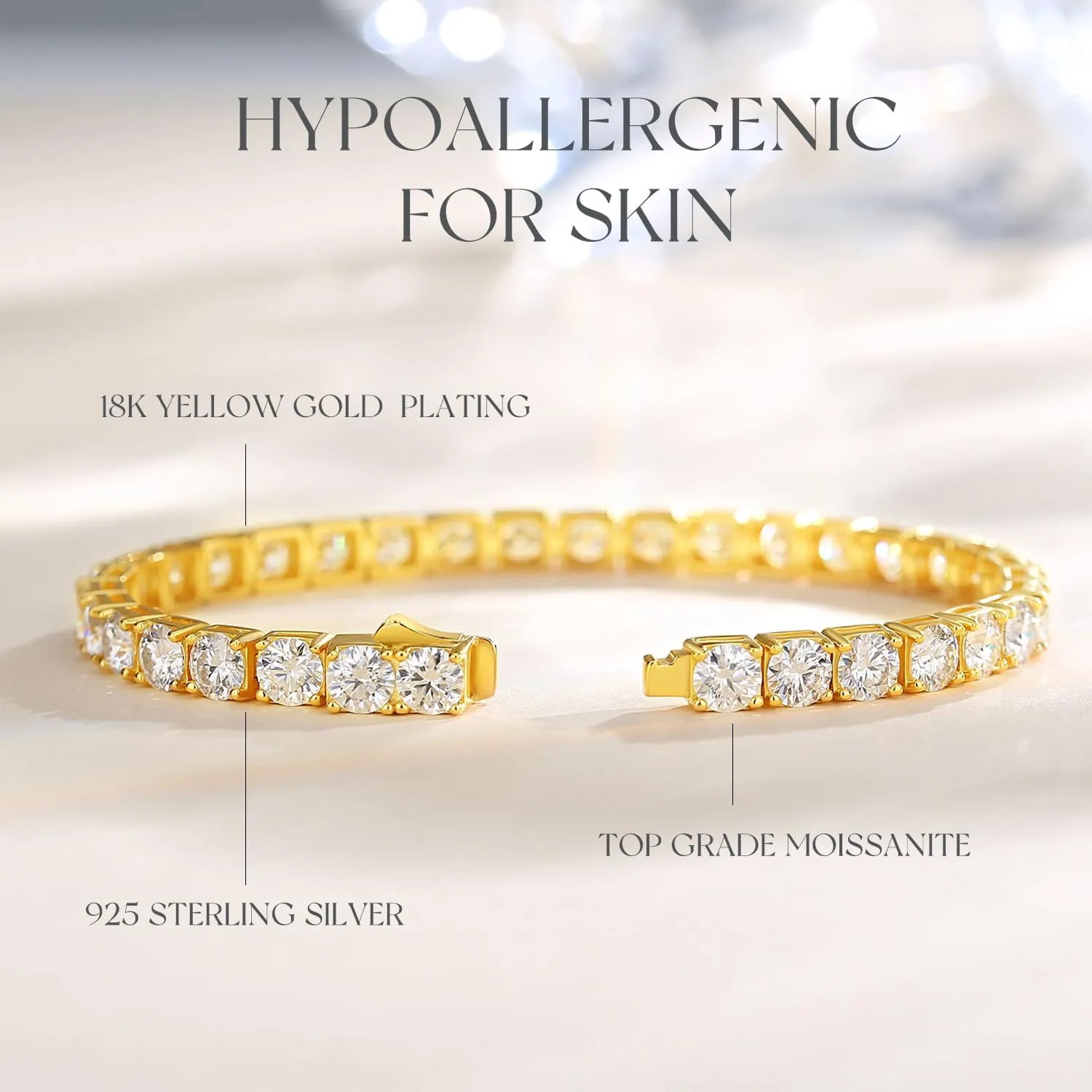 Moissanite Tennis Bracelet Yellow Gold Plated Fine Jewelry D Color VVS1 Round Brilliant Lab-Grown Moissanite Wedding bridal prom Birthday Valentines Gift for Women Girls, Width 3/4/5 mm