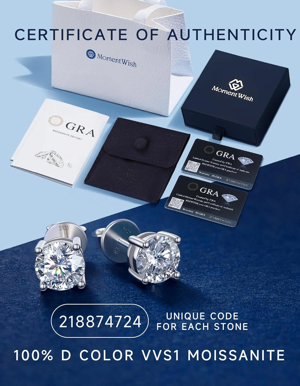 MomentWish Moissanite Earrings, Birthday Gifts for Her, Simulated Diamond Stud Earrings for Women, 925 Sterling Silver Studs Jewelry Gift for Anniversary Christmas