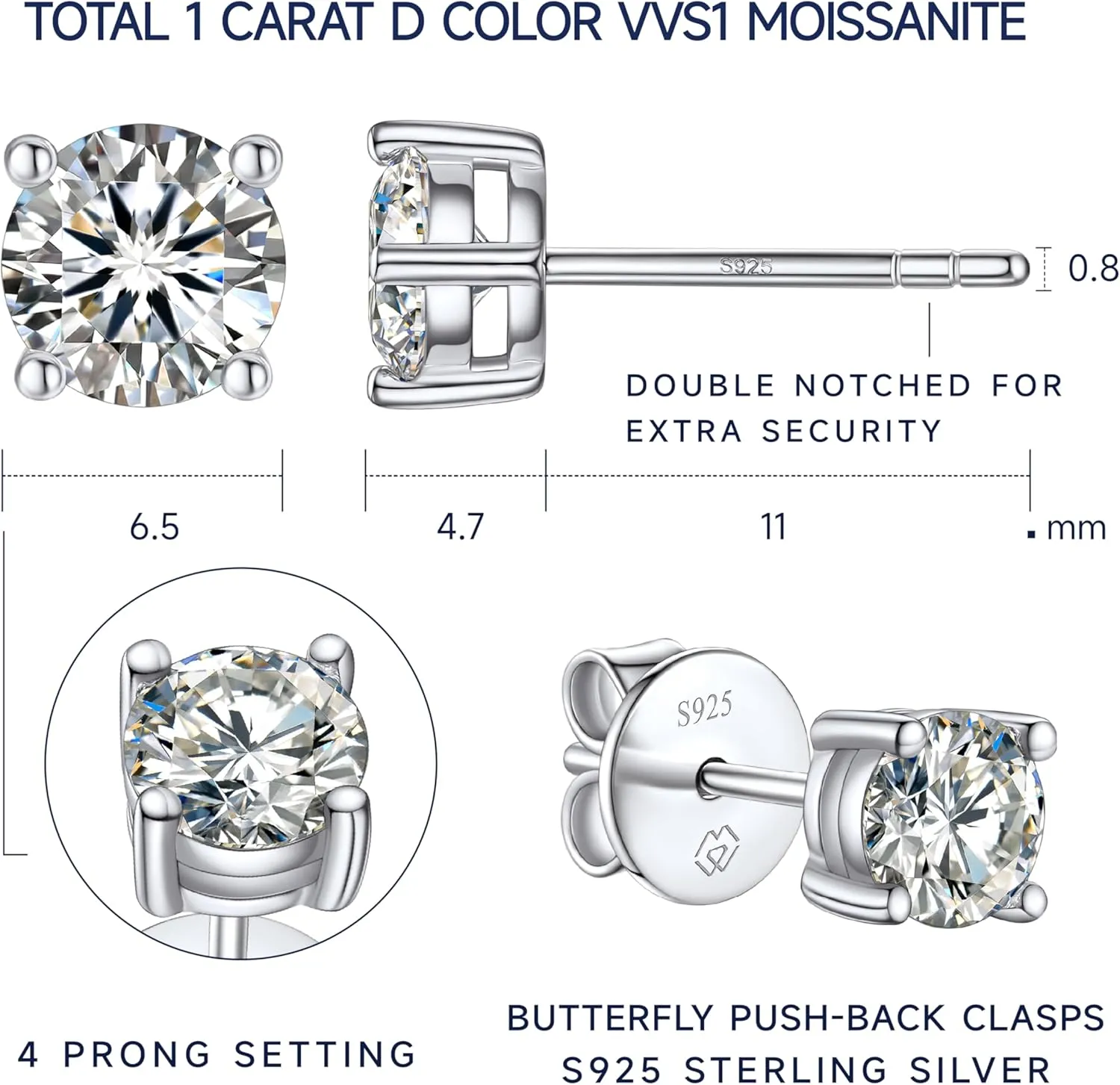MomentWish Moissanite Earrings, Birthday Gifts for Her, Simulated Diamond Stud Earrings for Women, 925 Sterling Silver Studs Jewelry Gift for Anniversary Christmas