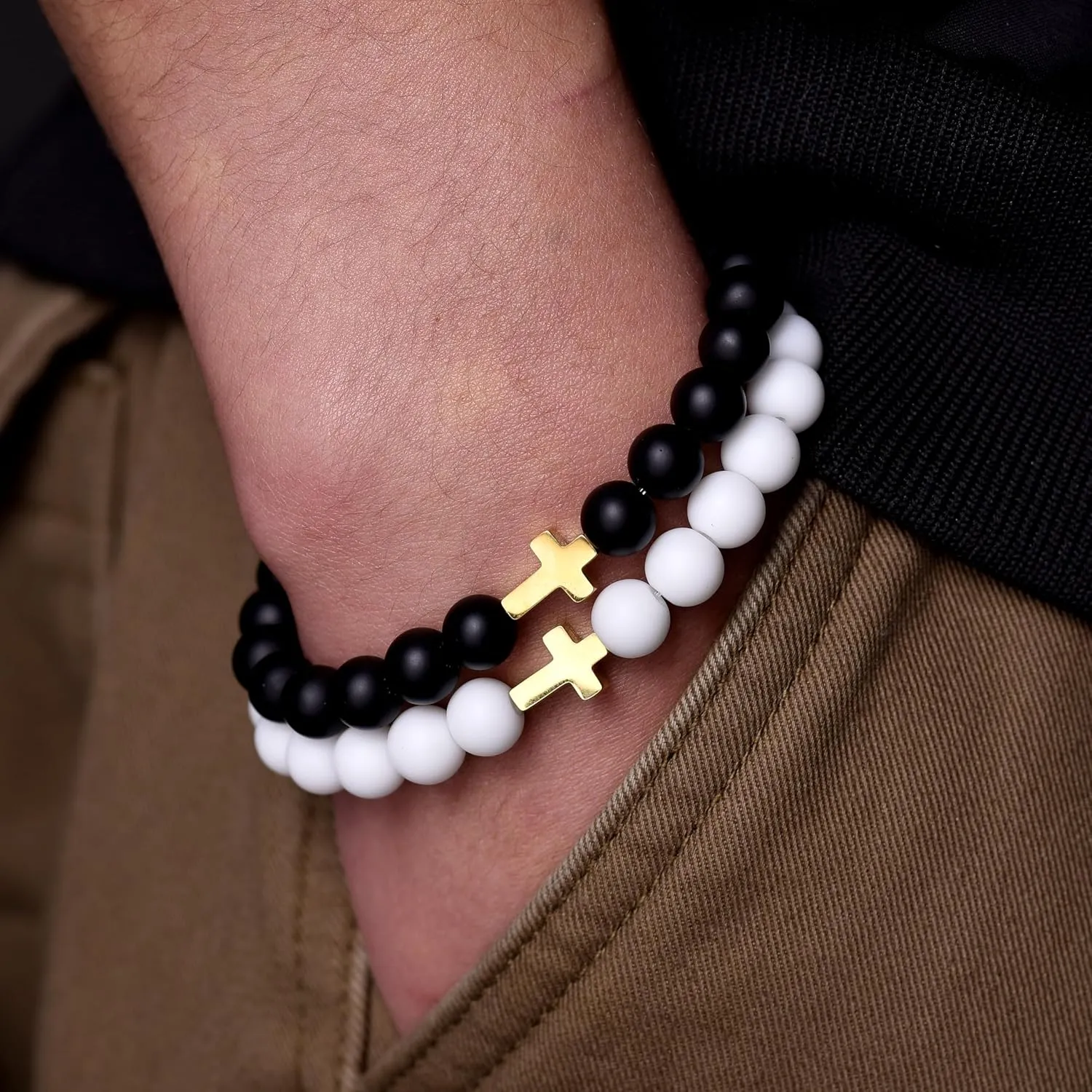 MOO&LEE Beaded Cross Bracelet for Men 8mm White and Black Bead Gold Cross Bracelets Unisex