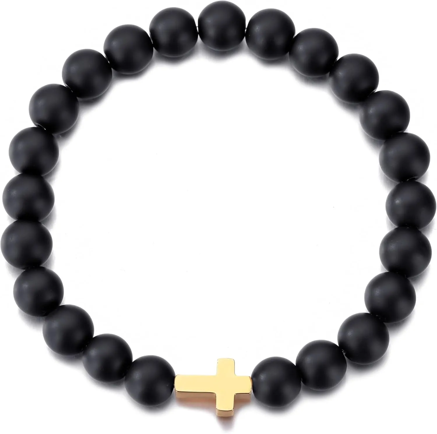 MOO&LEE Beaded Cross Bracelet for Men 8mm White and Black Bead Gold Cross Bracelets Unisex