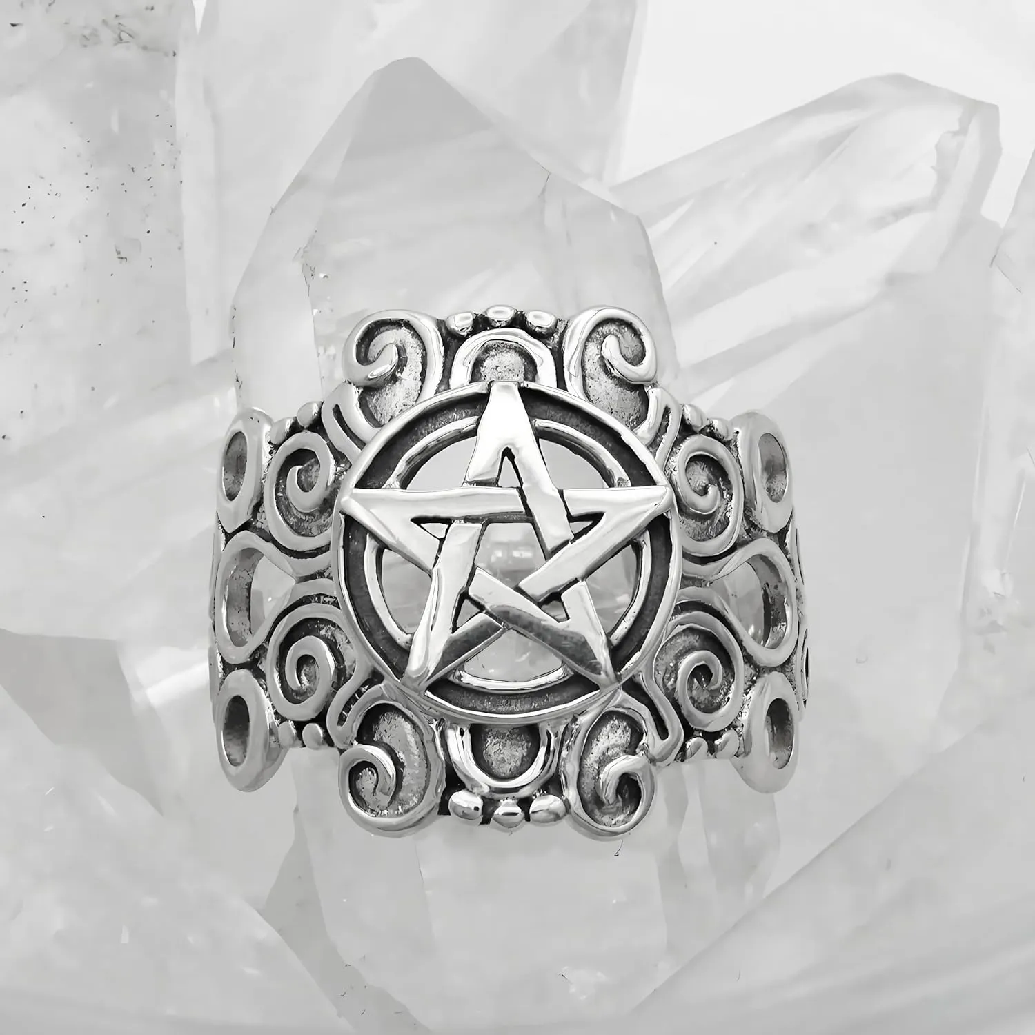 Moonlight Mysteries Witchcraft Ring - .925 Sterling Silver Large Pentacle Ring - Pagan Wiccan Witch Pentagram Protection Jewelry (Size 4-15)