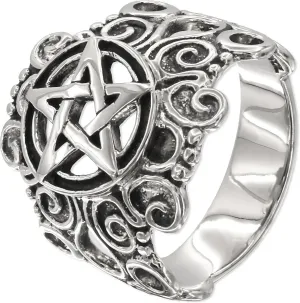 Moonlight Mysteries Witchcraft Ring - .925 Sterling Silver Large Pentacle Ring - Pagan Wiccan Witch Pentagram Protection Jewelry (Size 4-15)