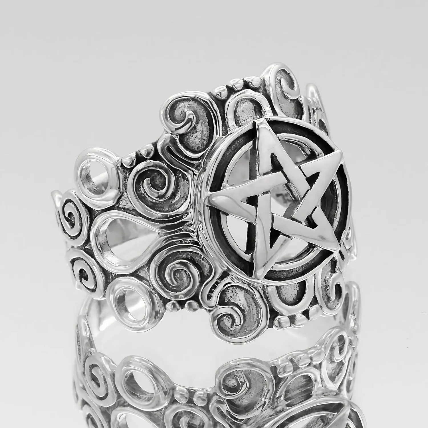 Moonlight Mysteries Witchcraft Ring - .925 Sterling Silver Large Pentacle Ring - Pagan Wiccan Witch Pentagram Protection Jewelry (Size 4-15)