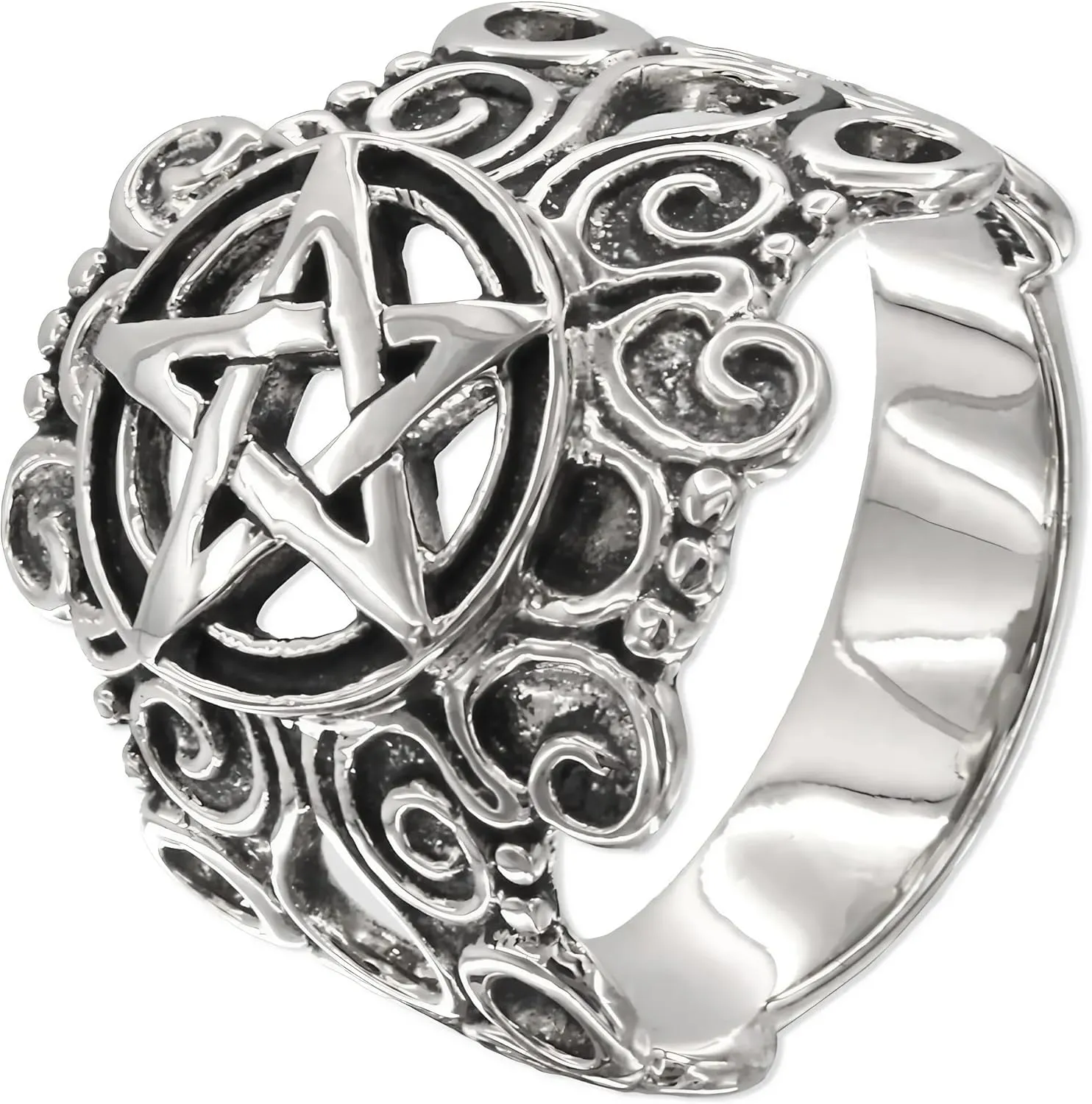 Moonlight Mysteries Witchcraft Ring - .925 Sterling Silver Large Pentacle Ring - Pagan Wiccan Witch Pentagram Protection Jewelry (Size 4-15)