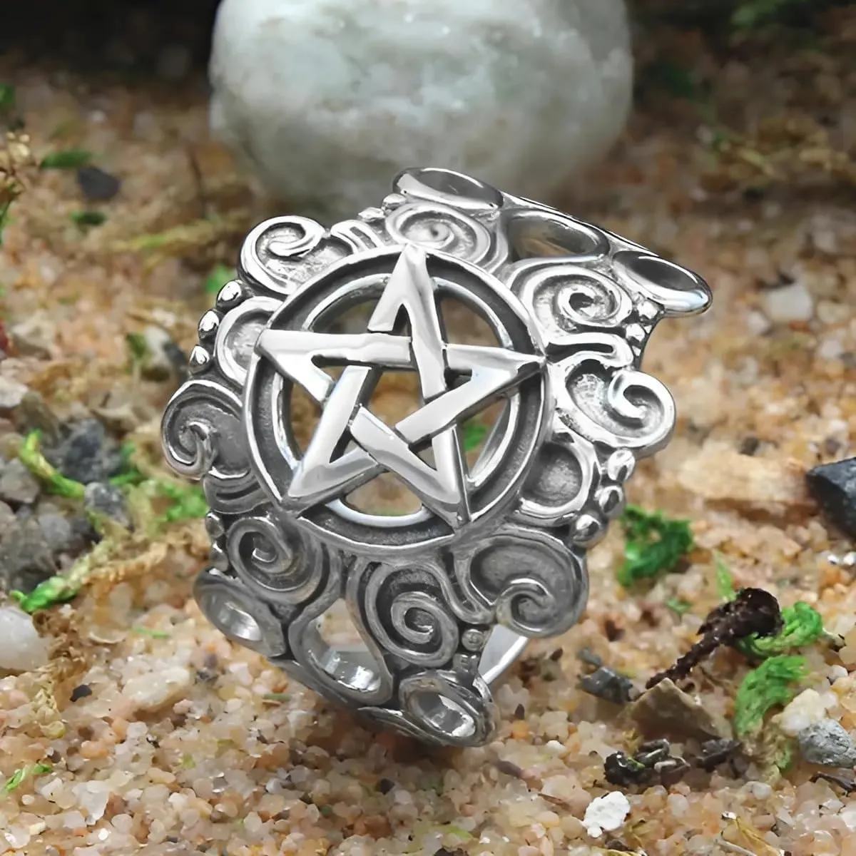 Moonlight Mysteries Witchcraft Ring - .925 Sterling Silver Large Pentacle Ring - Pagan Wiccan Witch Pentagram Protection Jewelry (Size 4-15)