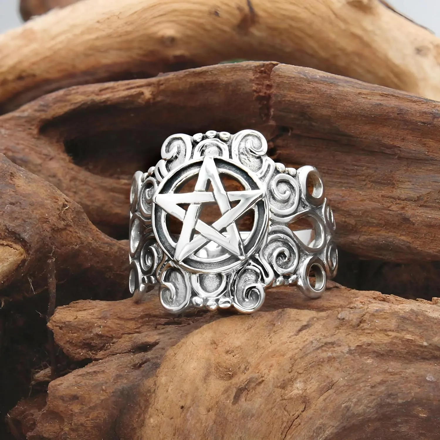 Moonlight Mysteries Witchcraft Ring - .925 Sterling Silver Large Pentacle Ring - Pagan Wiccan Witch Pentagram Protection Jewelry (Size 4-15)