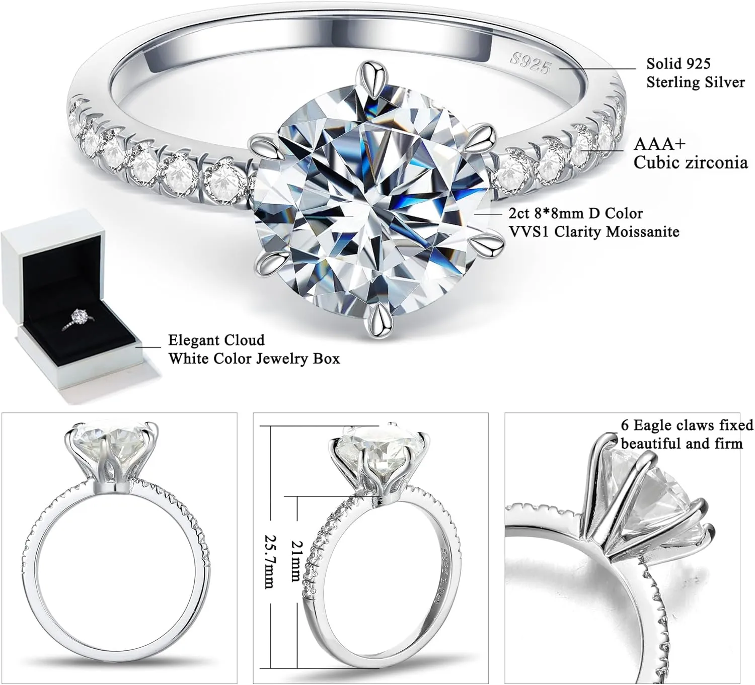MOOSEA 2CT Moissanite Engagement Rings for Women Wife, 925 Sterling Silver with 14K White Gold Plated Promise Ring for Her, D Color VVS1 Clarity Moissanite Rings for Women Engagement Wedding Gifts