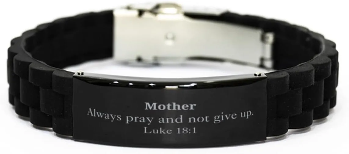 Mothers Black Glidelock Clasp Bracelet - Inspirational Luke 18:1 Hope for Her, Birthday Mothers Day Gifts, Faith Jewelry for Women, Unique Engraved Bracelet with Prayer Message