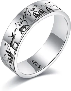 Mountain Ring 925 Sterling Silver Mountain And Animal Inspirational Ring for Women Men Climber Lovers Friends