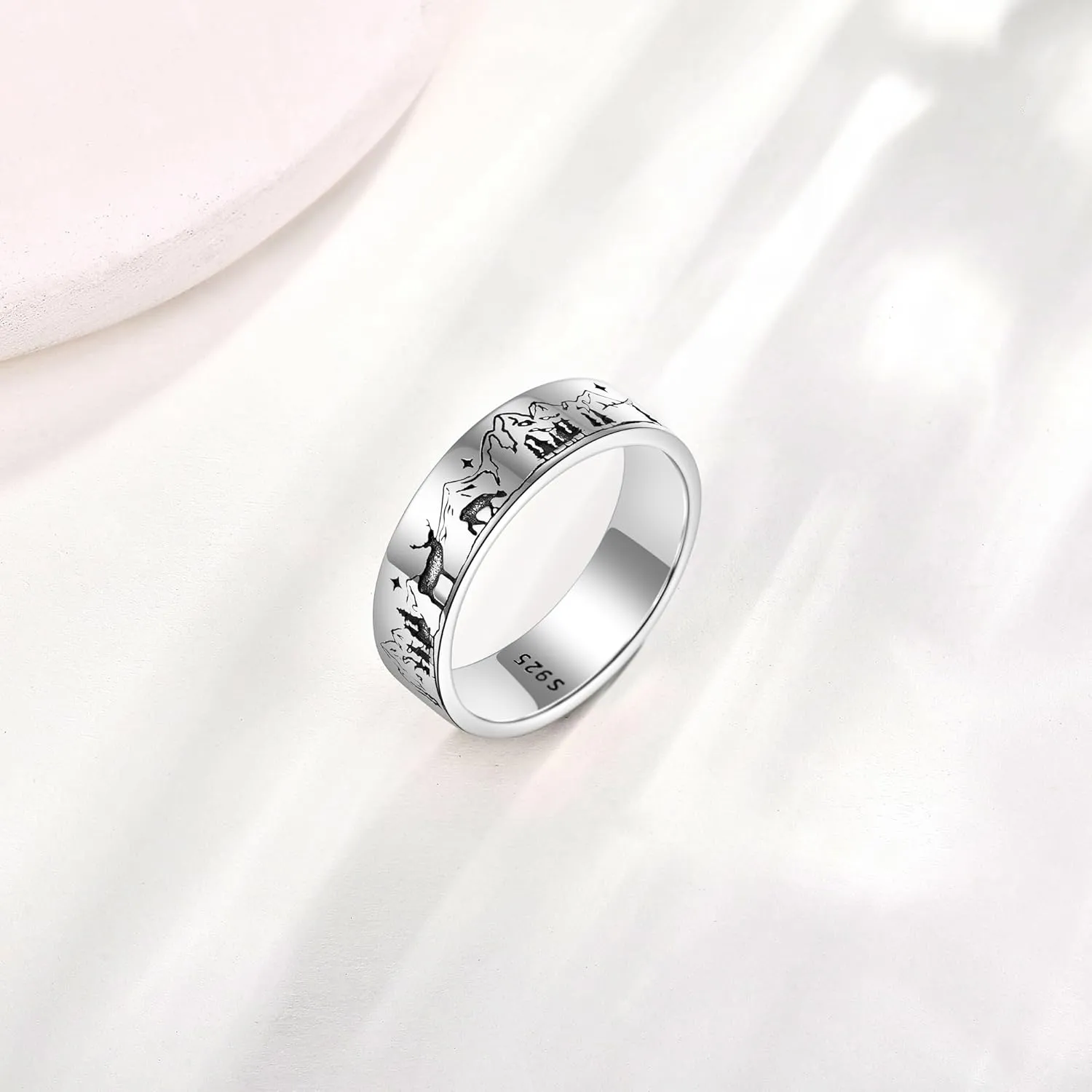 Mountain Ring 925 Sterling Silver Mountain And Animal Inspirational Ring for Women Men Climber Lovers Friends
