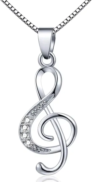 Music Note Pendant Necklace 925 Sterling Sliver Cubic Zirconia for Women Mothers Day Valentine's Day Christmas Jewelry Gift Chain 18 Inches