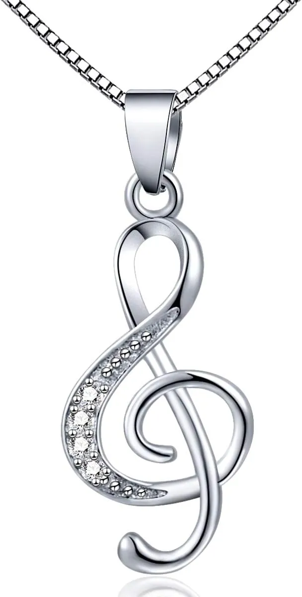Music Note Pendant Necklace 925 Sterling Sliver Cubic Zirconia for Women Mothers Day Valentine's Day Christmas Jewelry Gift Chain 18 Inches