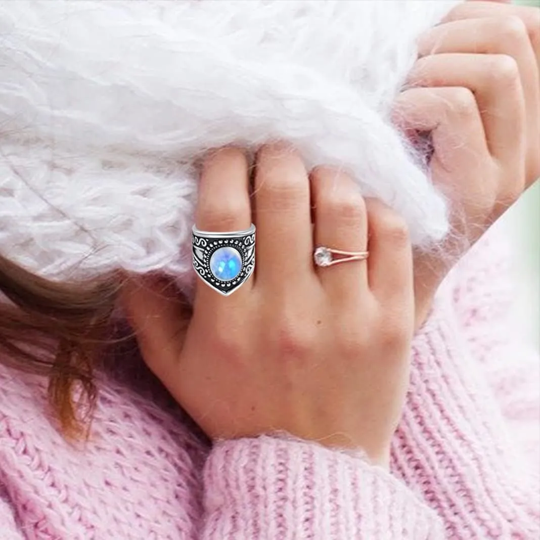 MYLYAHY Natural Stone Wide Band Ring for Women Girls,Vintage S925 Sterling Silver Boho Thumb Ring Jewelry Gift for Her