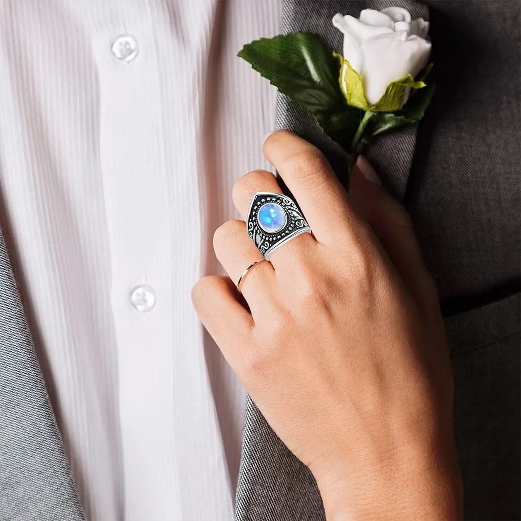 MYLYAHY Natural Stone Wide Band Ring for Women Girls,Vintage S925 Sterling Silver Boho Thumb Ring Jewelry Gift for Her