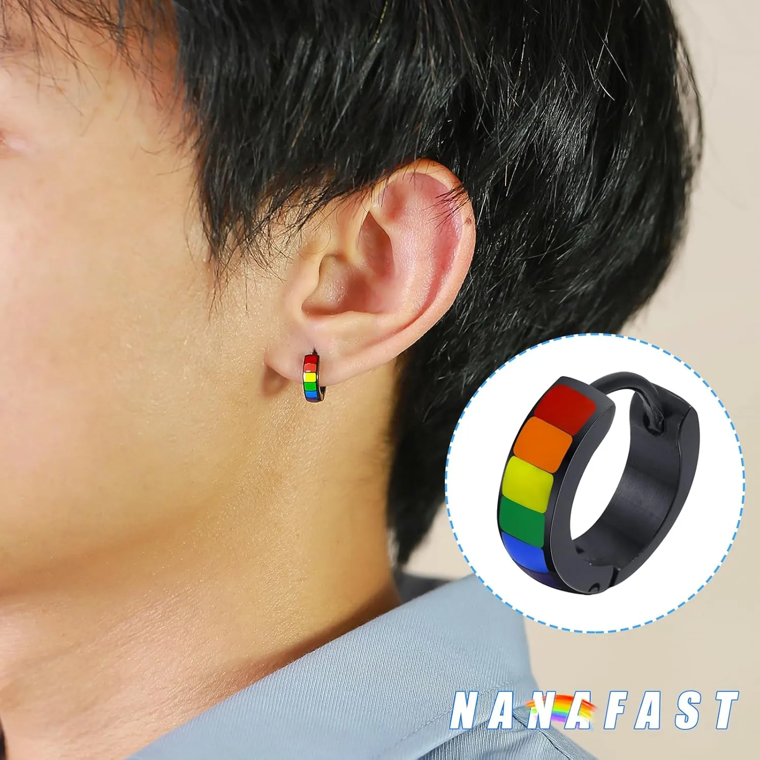 Nanafast Stainless Steel Rainbow Small Huggie Hoop Earrings LGBT Pride Earrings for Women Men Lesbian Bisexual Transgender Nonbinary Asexual Flag Earrings LGBTQ Pride Jewelry